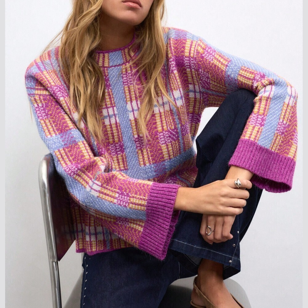 Pink Digital Plaid Colorblock Knit Ribbed Cuff Crew Neck Sweater